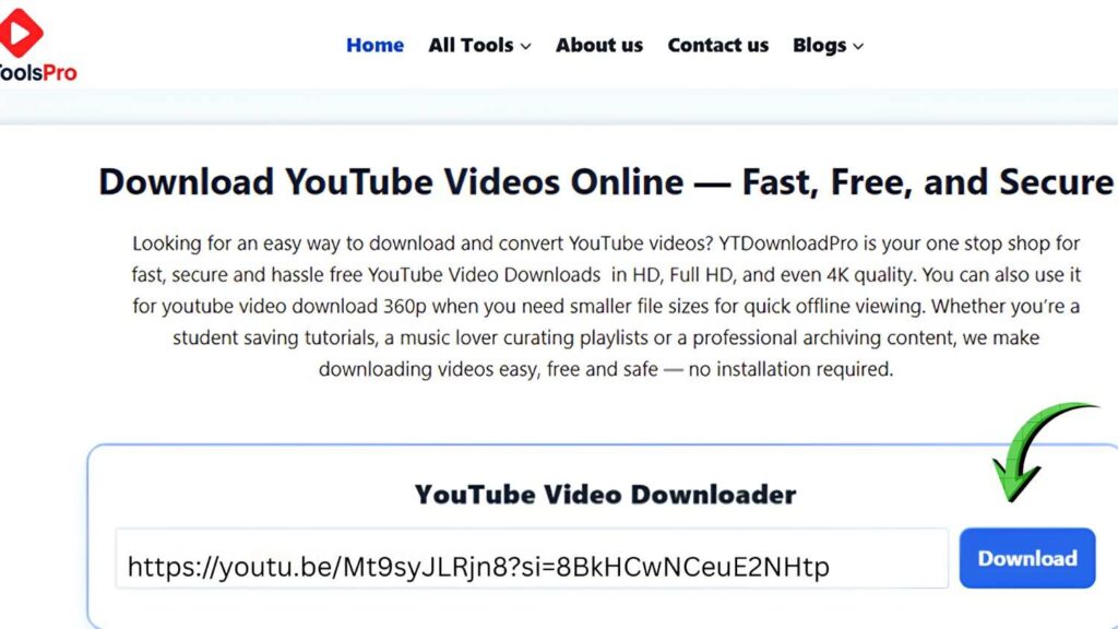 YouTube Video Downloader for Firefox: What Actually Works (2026) 1 Screenshot showing a YouTube link pasted into an online downloader input box.